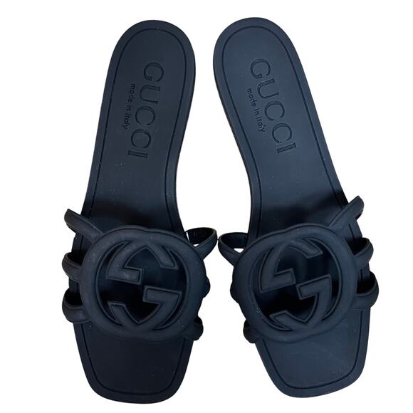 Gucci Interlocking G Slide Sandals Black Rubber Made in Italy Women’s SZ 10 - Picture 1 of 7